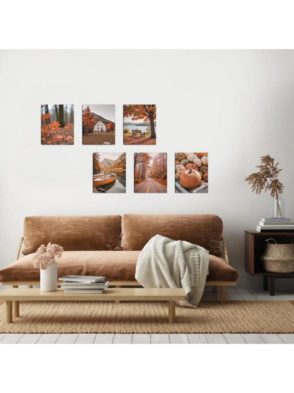 Rustic Autumn Canvas Wall Art Set - 6Pcs Pumpkin Maple Leaf Decor for Home